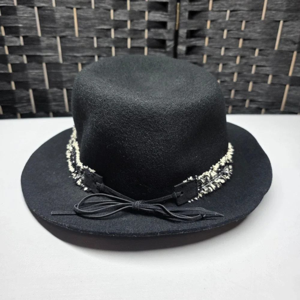 Nine West Black 100% Wool Fedora Hat Tweed Band Bow Accent One Size Wide Brim